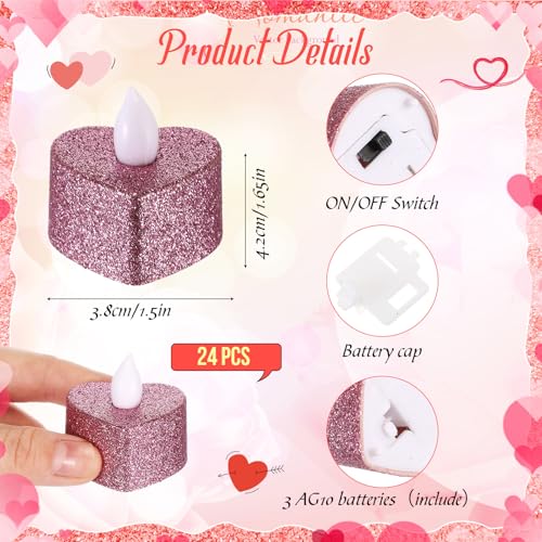 Image of Baquler 24 Pcs Valentine Candles Heart Shaped Glitter Tealights Romantic LED Tea Lights Candle Battery Operated for Valentine's Day Marriage Proposal Wedding Anniversary Celebration Decor(Pink)
