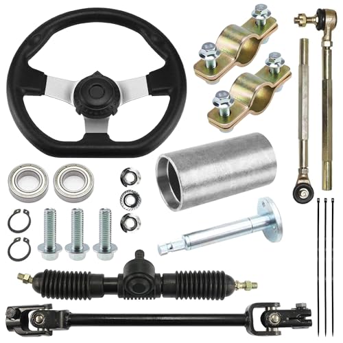 PRO BAT 270mm/10.6 Steering Wheel Steel Kit with 22mm 7/8 Universal Handlebar Mounting Clamps 320mm/12.6 Gear Rack Pinion Adjustable Shaft Set for 110cc Go Kart Golf Buggy UTV