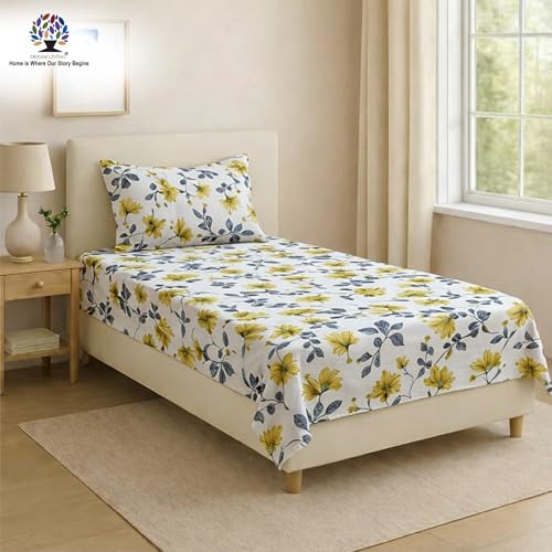 Image of Dream Living Printed Floral Single Bedsheet with 1 Pillow Cover | 120 GSM | 150x220 Cm | White