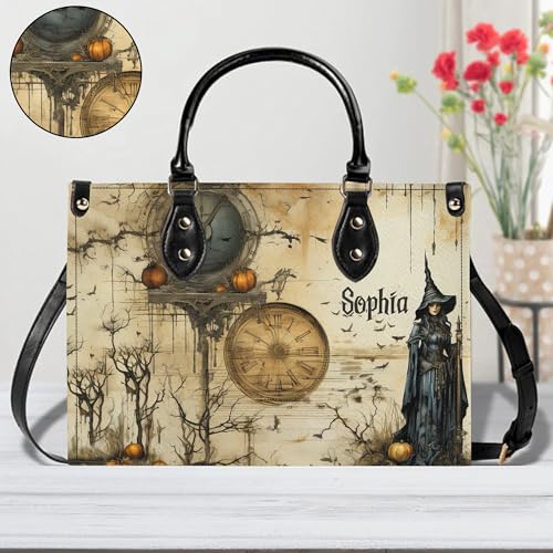 Personalized Witchy Halloween Leather Bag - Custom Name Witch Art Spooky Vintage Handbag Tote Purse with Wallet for Women4