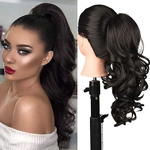 18 Inch (Straighten Can Be 20 Inch) Body Wave Ponytail Extensions Curly Hair Synthetic Hairpiece Ponytail 2 Clips In Hair Extensions 124G/Piece Curly Drawstring Ponytail For Women Narutal Black Color #TOP15