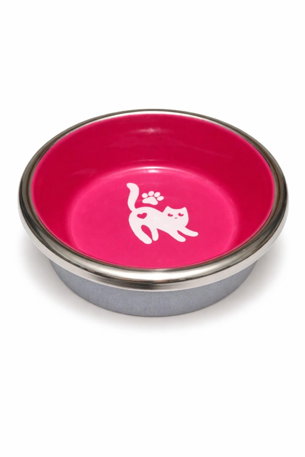 Stainless Steel Cat Food Bowl with Colourful Enamel Interior, Cat Design, Blue and Pink, 12 cm x 4 cm For Kitten & Cats (Pink)