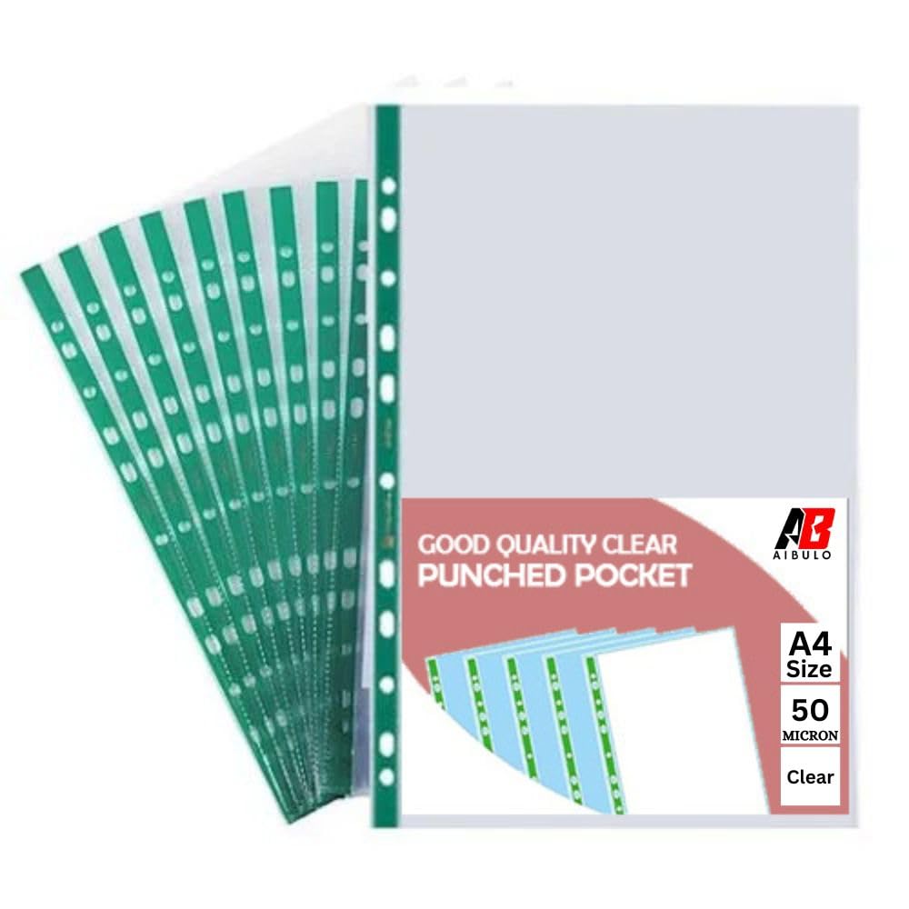 A4 Plastic Wallets Green Poly Pockets (100) – 50 Micron Top-Opening Sleeves – Durable Punched Pockets for A4 Folders, Filing, Documents, and Office Stationery Supplies