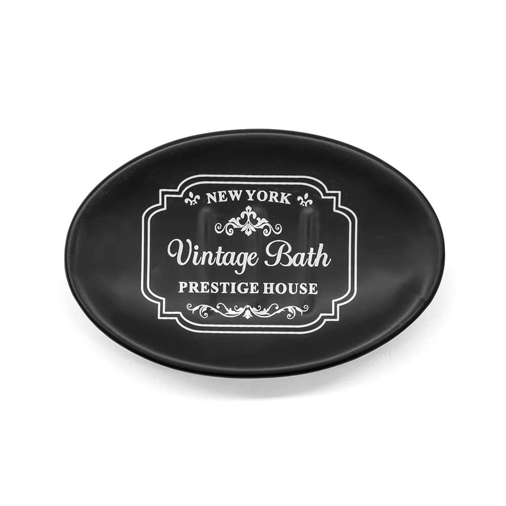 Inbagno Set Bagno Completo in Ceramica Nera con Stampe a Contrasto Bianche, Include Dispenser Sapone, portaspazzolini, portasapone e portascopino