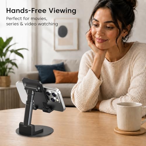 Image of Sounce Adjustable Mobile Stand for Desk | 360 Rotation, Stable Metallic Base | Portable Phone Holder Tripod for Recording | Compatible with Smartphone, Tablet, iPad & Kindle (Black)