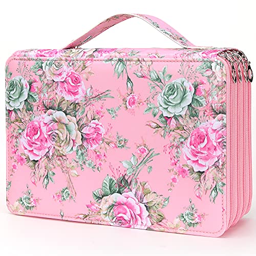 Vomgomfom 200 Slots Pencil Bag 4-Layer Zipper Portable Art Supply Organizer PU Leather Large Capacity Colored Pencil Case with Handle for 200 Watercolor Pens Gel Pens (Pink Rose)