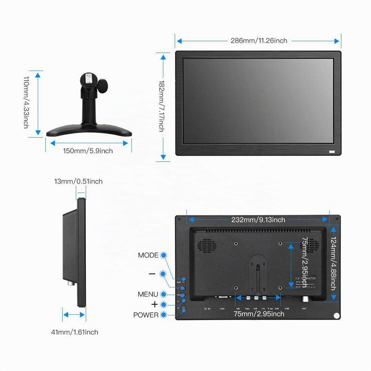 Portatile 11.6’ Monitor IPS HD 1920 * 1080P Plug and Play LED Monitor con VGA/BNC/HDMI/AV/USB/DC Ingresso per PC, Raspberry Pi, Security Camera
