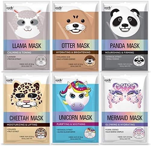 Epielle Character Sheet Masks | Animal Spa Mask | -For All Skin Types | Spa gifts for women， Birthday Party Gift for her kids， Girls Night， Skincare Party， Stocking Stuffers (Assorted 6 pk) for mother