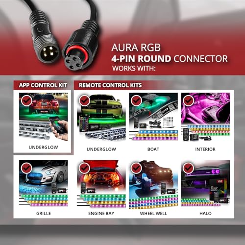 OPT7 Aura 2pc 10ft Extension Wires with 4 Pin RGB Round Connector for Aura Remote Control Car Interior Light, Underglow, Grille, Wheelwell, Halo, Engine Bay, Boat LED Light, Car Truck RV Accessories - Thumbnail 2