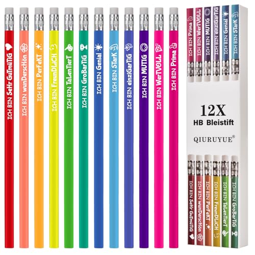QIURUYUE 12 Stück HB Bleistifte Kinder, Ergonomischer Dreikant, Motivation Bleistifte mit Radiergummi, Glücksbringer Kinder Schule, Glücksstift Bleistift (Motivation, 12)