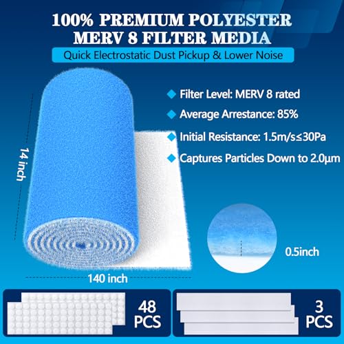 Image of Air Vent Filters, MERV 8 Cut to Fit, 14 inch x 140 inch | Makes Up to 80 Filter Pieces, Electrostatic Filter Material, For Floor, Ceiling and Furnace Vents, 48 Adhesive Hook Tapes