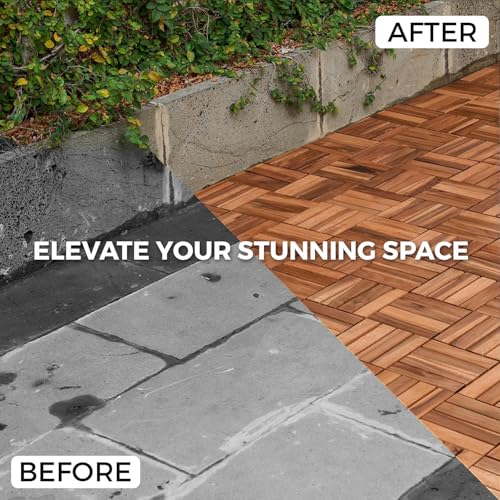 Image of 10pcs Interlocking Wood Deck Tile for Patio, 12 inchx12 inch Waterproof Solid Wood Patio Tiles (Square Joint, Walnut)