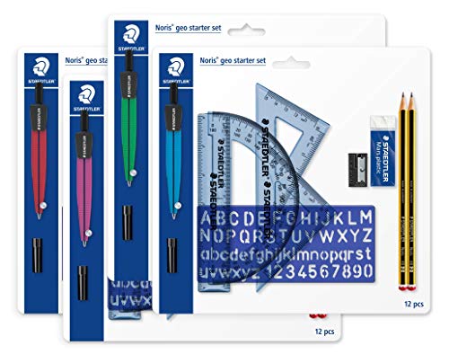 Staedtler 569120P2MS Noris Geo Starter Set de geometría de 12 piezas, incluye compás, transportador de ángulos y mucho más
