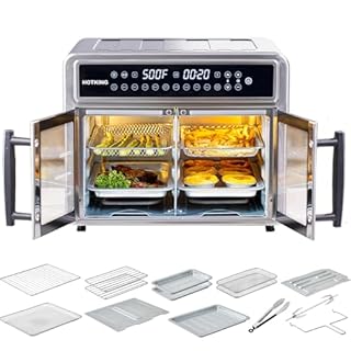 HotKing Dual-Zone Air Fryer Toaster Oven Combo, 28 QT Extra Large, Non Toxic Stainless Steel Convection Oven with French Door, Countertop Airfryer with Window, Racks, Rotisserie, Dehydrator, ETL Rated