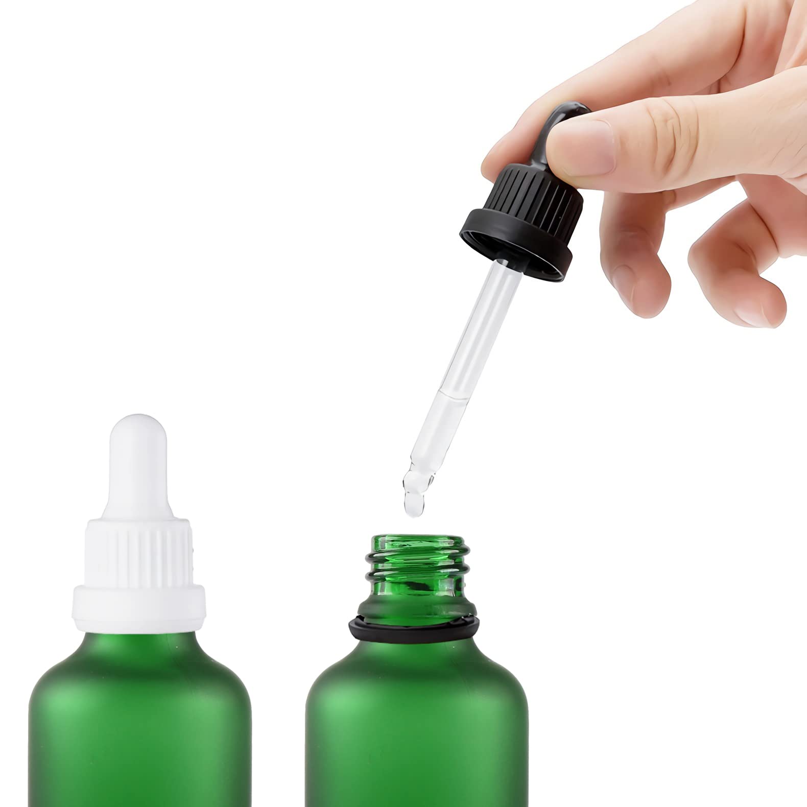 24 Stück 100 ml Gefrostet Grünglas Pipettenflasche mit Weiß Originalitätsverschluss Pipettenring, Leere Klar Glasflasche Glaspipette Tropfflaschen für Ätherische Öle Aromatherapie