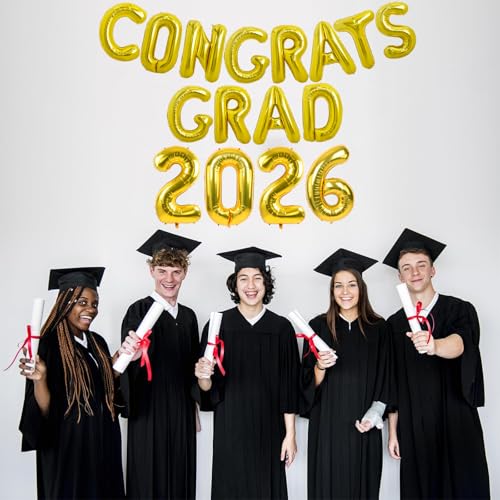 Image of TONIFUL Graduation Balloons 16 Inch Gold Congrats Grad Balloons 16 Inch Gold 2026 Number Foil Balloons for 2026 Graduation Party Graduate Congratulations 2026 Congrats Grad Decorations