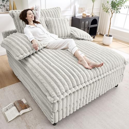 Image of WESTSETLUX 54.8 inch W Oversized Chaise Lounge Chair Indoor with 5-Position Adjustable Backrest, Plush Sleeper Sofa Bed with Pillows, Upholstered Cloud Couch Chair for Living Room, Study Room, Silver Grey