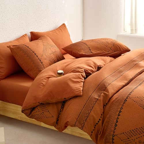 Image of Wake In Cloud - Boho Comforter Set, Farmhouse Bohemian Western Aztec Neutral Aesthetic, Soft Lightweight Bedding, 3 Pieces, Burnt Orange, Queen Size