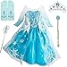 IWFREE Petites Filles Robe Longue Déguisements Manches Longues Princesse Elsa Reine des Neiges Costume et Accessoires Diadème Gants Baguette Magique et Tresse Bleu Robe de Soirée,100,Bleu