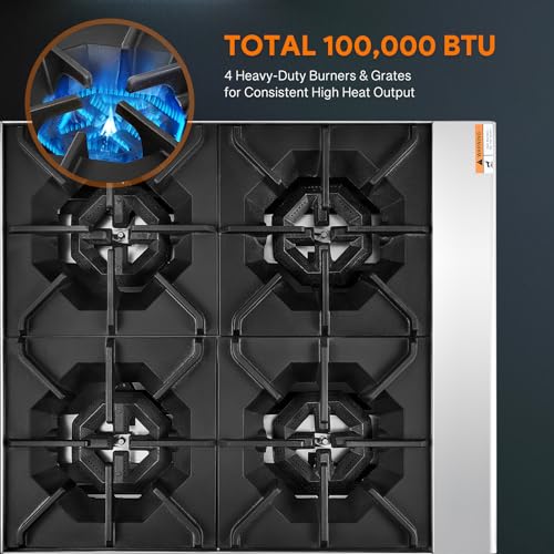 Image of WILPREP Commercial Countertop Gas Range, 4 Burner 100,000 BTU Stainless Steel Gas Cooktop, 24 inch NG /LPG Convertible with Durable Grates, Perfect for Professional Restaurant Kitchen & Catering