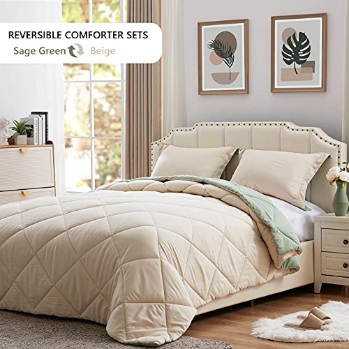 Nexhome Down Alternative Solid Comforter Set Queen Size, Lightweight Comforter Set Thin Microfiber Reversible Autumn Spring Winter Bedding Comforter (Queen, Sage Green/Beige) #TOP1