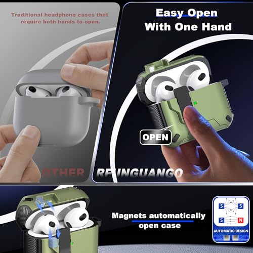 Image of RFUNGUANGO AirPods 3 Case with Lock Magnetic Lid Phone Stand, Olive Green