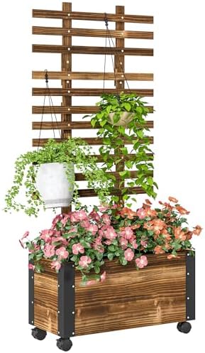 Outsunny Jardinera Exterior Grande de Madera Jardinera con Celosía para Plantas Trepadoras Tela no Tejida Ruedas y Esquinas Metálicas de Doble Capa para Patio Terraza 65x31x147 cm ...