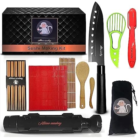 Albino monkey Sushi Making Kit - Elevate Your Sushi Skills in Minutes! Includes New Upgraded Sashimi Knife & Sushi Maker Bazooka, 2 Mats, Nigiri Tool, and More – Perfect for Beginners Cover