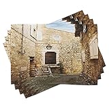 ABAKUHAUS Uralt Platzmatten, Confined Cobble-Straßen-Sandstein-Häuser und Fensterladen-Reise-touristisches Platz-Bild, Tiscjdeco aus Farbfesten Stoff für das Esszimmer und Küch, Creme