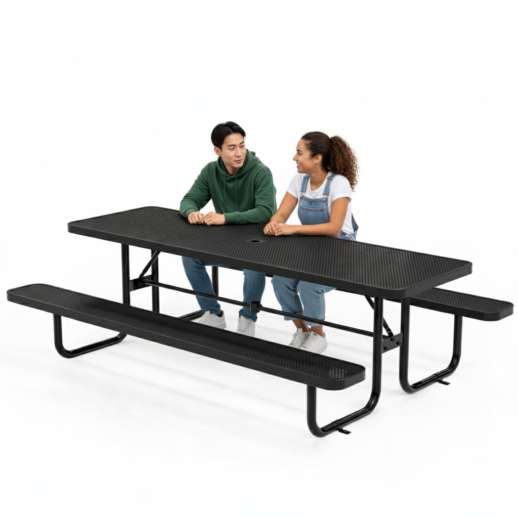 Commercial Heavy-Duty Metal Picnic Table - ADA Compliant, Adjustable Seats, Umbrella Hole (Black, 8' Rectangular, Punched Steel)