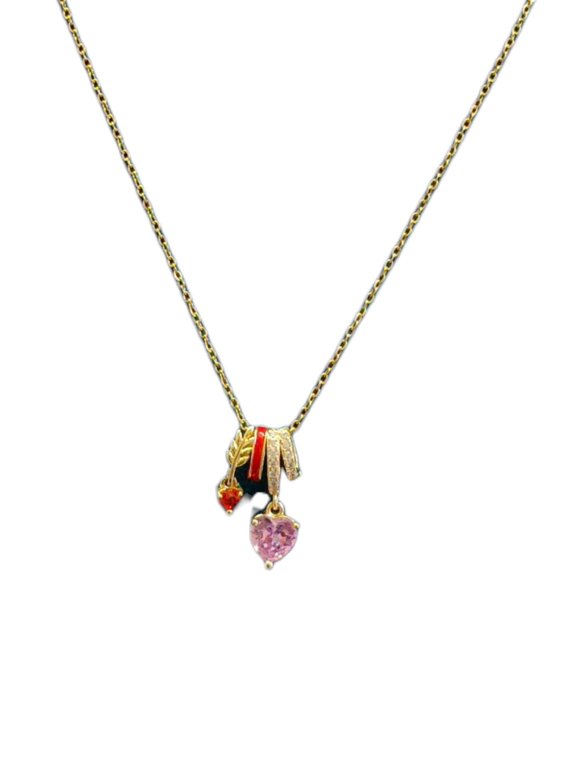 Gold Tone Necklace with Pink Heart Pendant, Enamel Parrot Charm, Crystal Accents