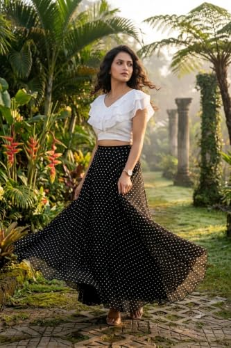 Image of Women's Lycra Top with Georgette Skirt | Polka Dot Print Long Flared Maxi | Full Length Flowy Skirt for Women | Stylish Casual Wear