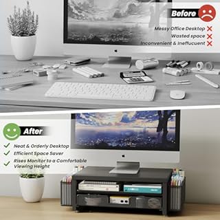 BOKIOVIN Supporto per Monitor in Metallo con Cassetto e 2 Portapenne per Scrivania, Organizzatore per Accessori da Ufficio e Supporto per Schermo del Computer per Stampante (Nero)