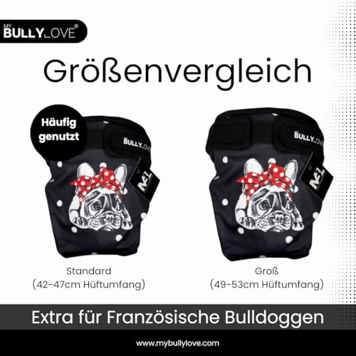 MyBullyLove Läufigkeitshöschen für Französische Bulldoggen – Wiederverwendbare Hundewindel ohne Rutenloch, Handgefertigt & Stufenlos Verstellbar, Black Bully, Standard (42-47cm Hüftumfang)