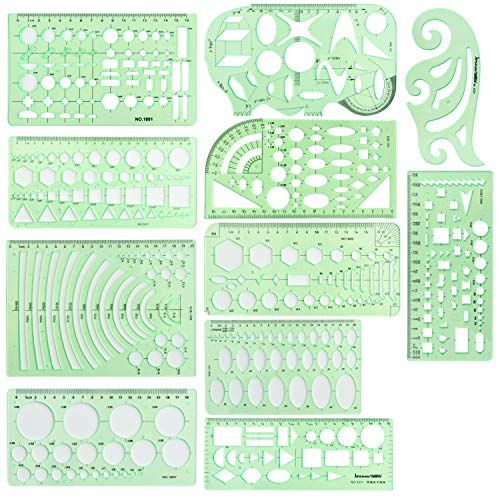 11 Drawing Templates Geometric Measuring Stencils, French Curve, Engineering and Designing Rulers with 1 Pack of Zipper Envelopes for Architecture, Studying, Formwork, Office and School, Clear Green