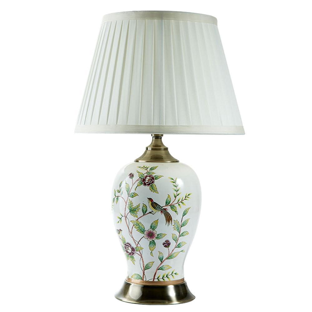 SGKOMN 22.8”American Flower And Bird Ceramic Table Lamp, Hand-Painted Chinoiserie Lamp, Fabric Lampshade Nightstand Lamp For Bedroom Living Room Office College Bookcase-C