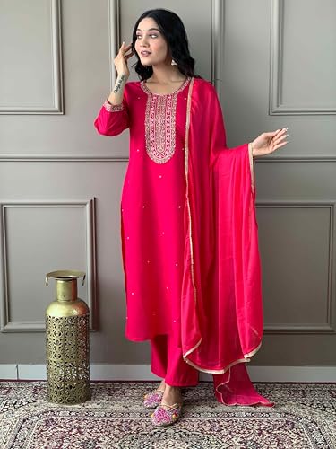 Image of Shiv Textiles Women's Chanderi Silk Embroidered Kurta Pant Dupatta Set(JDA-Lilly-Rani-S)