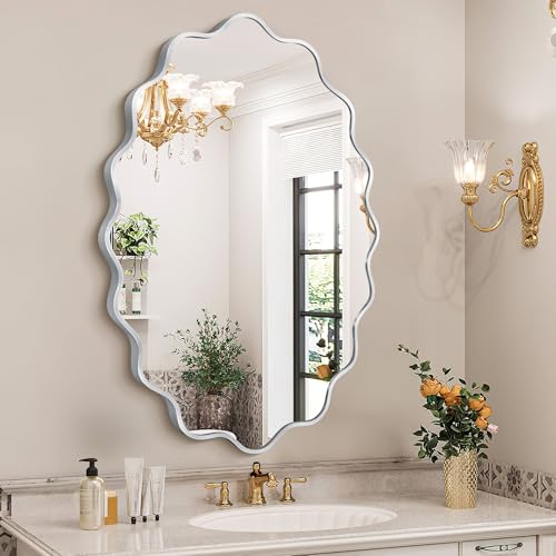 Image of Oval Wavy Wall Mirror -Irregular Wall Mirror with Silver Asymmetrical Aluminum Alloy Frame,22 inchx30 inch Decorative Wall Mirrors for Bathroom, Bedroom, Living Room, Dining Room，Entryway