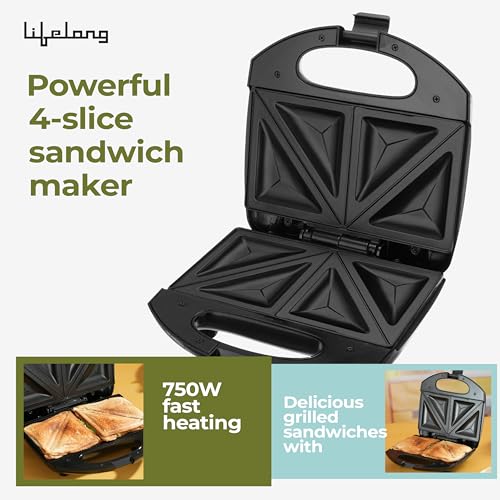 Lifelong 750W 4-Slice Sandwich Maker for Grilling & Toasting | Non-Stick Dual Grill Plates | Quick & Even Heating | Cool Touch Handle with Press Lock | Smart Light Indicator | Easy to Clean (Black) view 2
