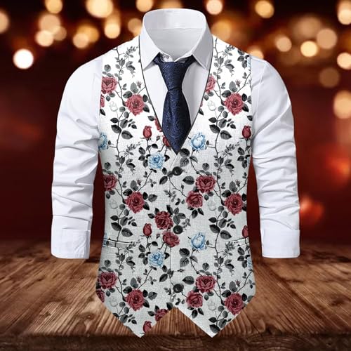 Mens Vintage Suit Vest V Neck 3 Button Heart Rose Printed Casual Waist-coat for Wedding Groomsmen Formal Vest4