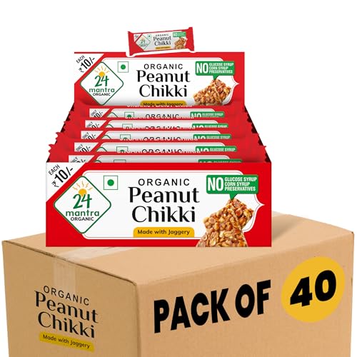 Image of 24 Mantra Organic Peanut Chikki - 18g, Pack of 40 | Crunchy, Healthy, and Delicious | No Added Preservatives and Colours | Made with Jaggery and protein rice peanuts - 720G