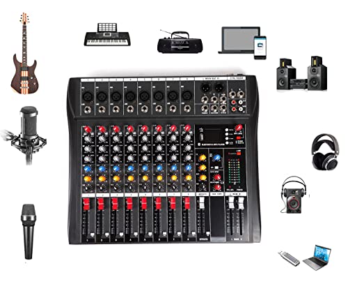 Ribasubb 8 Channel Audio Mixer, Professional Audio Mixer Sound Board Console System Interface 8 Channel With Mp3 Player+Usb Bluetooth 48V Phantom Power Source Usb Power Stereo Dj Studio Streaming #TOP25