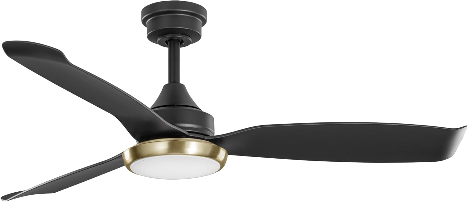 Kathy Ireland Home 52" Freya Ceiling Fan with Light & Remote, Damp Rated Indoor/Outdoor, Energy-Efficient 6-Speed DC Motor, Modern Design with Brass Accents, Matte Black (KICF58312)