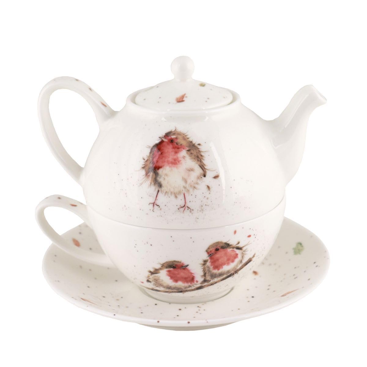 Wrendale Designs Porzellan Tee Set Tea-for-One Rotkehlchen Kanne mit Deckel ca. 410 ml, Tasse ca. 200 ml & Untere Motiven von der britischen Künstlerin Hannah Dale als Geschenk & zum selbst genießen
