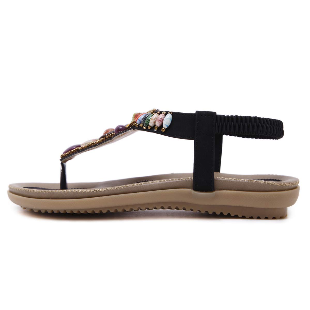 CARETOO Sandalias Mujer Planas Verano Bohemia Estilo Rhinestone Flor Tobillo Correa Damas Zapatos Elástica Casuales de Playa Elegantes Chanclas