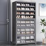 walkclpck Bamboo Shoe Cabinet with Acrylic Door,10-Tier Shoe Storage Rack, 40-45 Pairs Freestanding Shoe Rack, Entrance Shoe Cabinet for Hallway Living Room