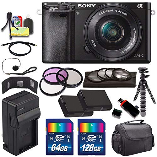 Sony Alpha a6000 Mirrorless Digital Camera with 16-50mm Lens (Black) + Battery + Charger + 196GB Bundle 9 - International Version (No Warranty)