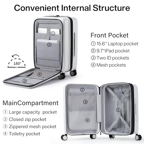Hanke 20 Inch Expandable Carry-On Luggage with Wheels PC Hard Shell Suitcases Lightweight Front Opening Tsa Luggage Travel Suitcase Woman Men(Smoke White) - Image 4