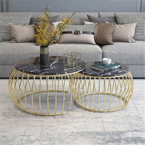 Image of Modern Coffee Tables Round Marble Laminated Tables Set of 2, Stacking Couch Center Table with Golden Metal Frame for Living Room, Bedroom or Apartments (Golden Black)