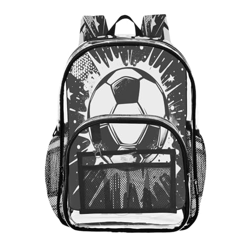 White Black Soccer Star Clear Backpack Heavy Duty See Through Transparent PVC BookBag for Kids Boy Girl School Work